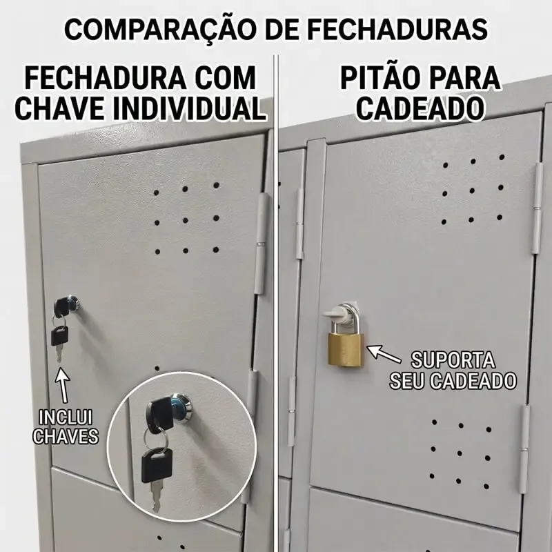 Detalhe do travamento por pitão ou chave do roupeiro de aço 20 portas